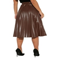 Midi suknje za juniorke Vintage suknja od kože visokog struka, nabrana suknja A kroja s patentnim zatvaračem,
