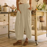 Ženske modne Ležerne široke hlače s elastičnim strukom, široke lanene hlače, Ženske hlače s džepovima