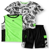 Majica uzorka, mišićni spremnik i mrežice, 3-komadića set odjeće