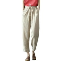 Xinqinghao plus size povremene žene pamuk i lanene duge hlače čvrste hlače s visokim strukom ravne noge otvorene