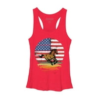 Vintage zalazak sunca s konjskom i američkom zastavom 4. srpnja, Ženska majica bez rukava s crvenim vrijeskom-dizajn