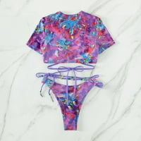 Bikini kupaći kostim, kupaći kostim kratkih rukava s dekolteom za surfanje, ružičasto-crveni Print