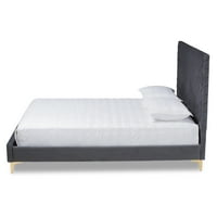 Moderan glamurozan i luksuzan krevet s presvlakama od sivog baršuna i zlatnog metala na platformi veličine number-a