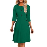 Ženska jednobojna haljina s okruglim vratom, manšetama i gumbima, suknja A-kroja u struku u zelenoj boji