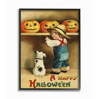 Stupell Industries Sretna Halloween Child and Pas Sezonsko praznični dizajn Grafička umjetnost crna uokvirena