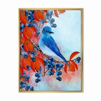 DesignArt 'Bright Bird Bullfinch koji sjedi na grani Berries III' Tradicionalno uokvirena platna zidna umjetnička