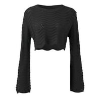Ženski pulover s okruglim vratom s dugim rukavima Slatki pleteni casual džemper u crnoj boji