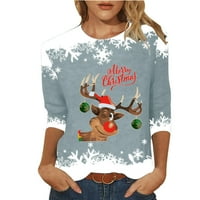 Božićne modne košulje s printom slova Sretan Božić i crtani sobovi za žene, majice s okruglim vratom i rukavima