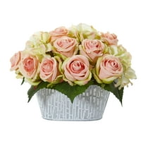 Gotovo prirodni umjetni aranžman ruža i hortenzija u ukrasnoj vazi