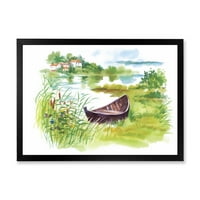 Dizajnerska umjetnost ruralni zeleni krajolik s brodom na jezeru uokvirena umjetnička gravura u MK