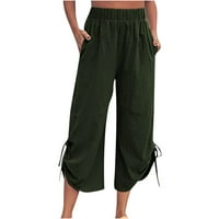 Ženske ljetne jednobojne Pamučne lanene široke ošišane hlače s džepom na čipku i džepovima zelene hlače u boji