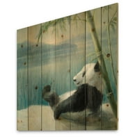 DesignArt 'Panda nakon dugog dana u jezeru' tradicionalni tisak na prirodnom borovom drvetu