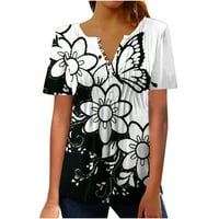 Ženske majice s cvjetnim printom slatke majice kratkih rukava majice s izrezom u obliku slova U S volanima s gumbima