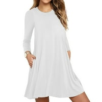 Ženske haljine srednje duljine jednobojne s džepom i okruglim vratom, sunčana Haljina dugih rukava U bijeloj boji