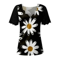 Ženske majice od filca, Ležerne majice s cvjetnim printom, valoviti izrez u obliku slova U, majice kratkih rukava