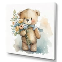 Designart Teddy Bear Love držeći cvijeće II platno zidna umjetnost